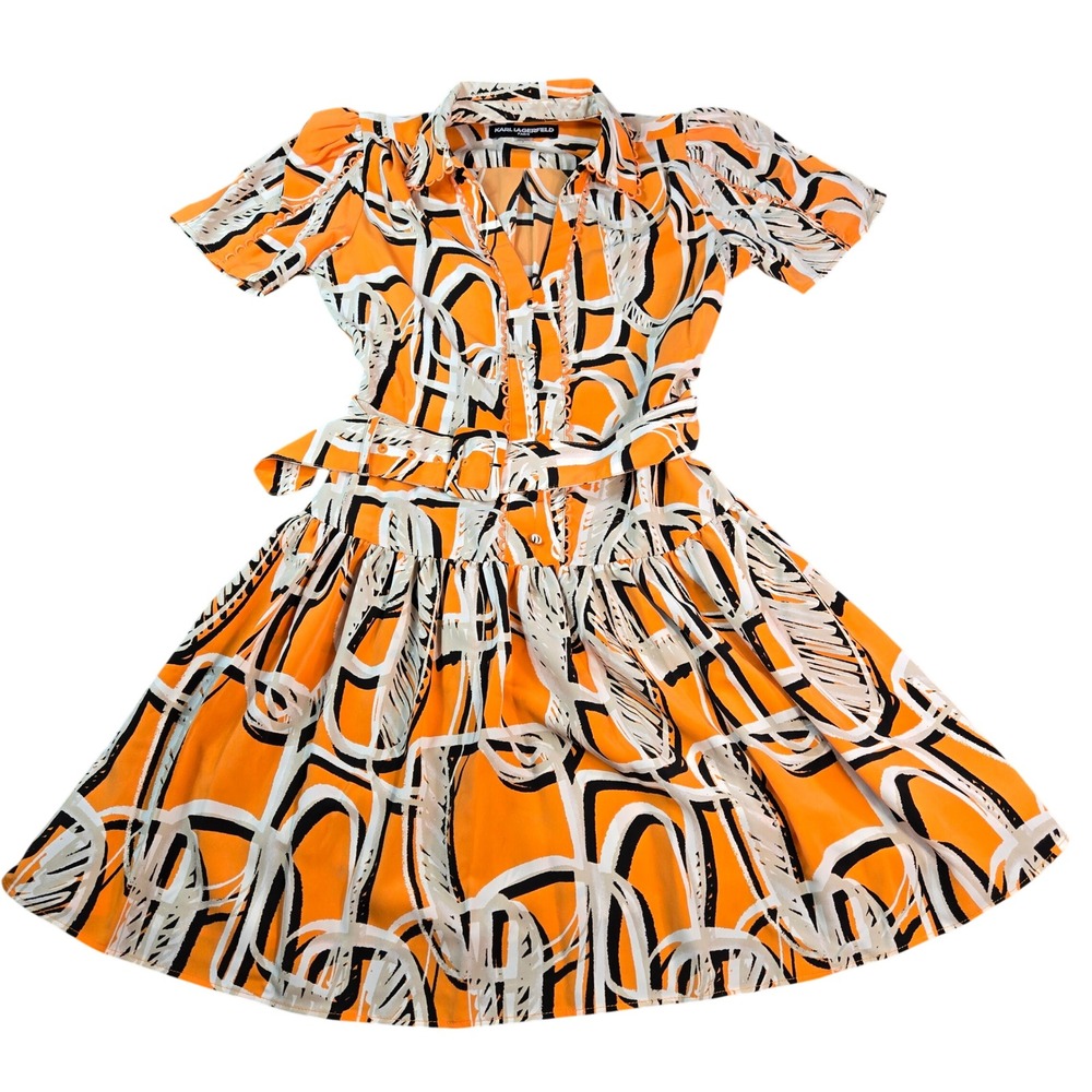 Karl Lagerfeld Paris Orange Abstract Print Belted Shirt Dress Size 6